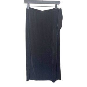 Chicos Travelers Black Wrap Midi‎ Skirt Size 1 Medium Stretch Side Tie Capsule